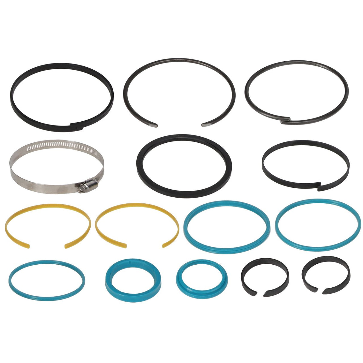 An assortment of mechanical rings and seals in black, yellow, and blue colors of various sizes, alongside a silver hose clamp, are neatly displayed on a white background. This collection includes items from the AGCO Seal Kit - 700750306 by AGCO.