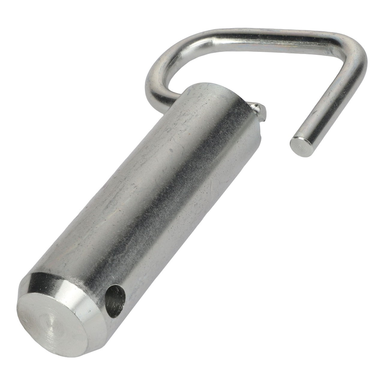 The AGCO | LOCKING PIN - ACP0410510 is a metal safety pin featuring a cylindrical body and a partially unattached, curved wire loop at the top. For any questions regarding ordering or usage, please contact our support team.