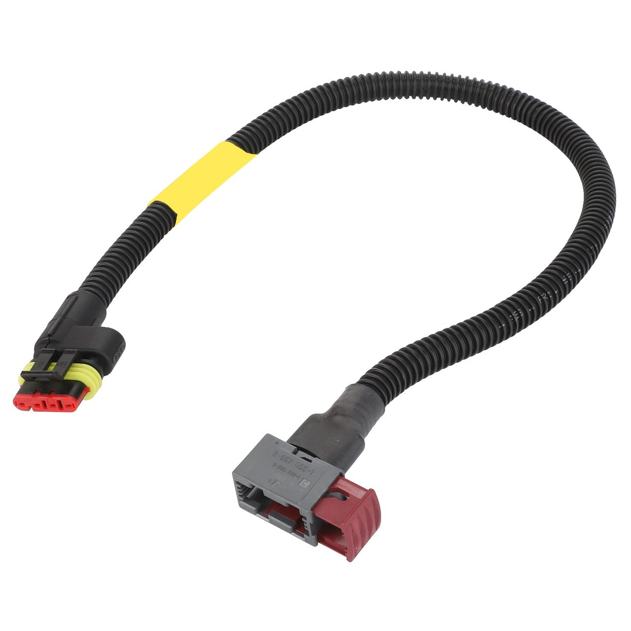 The AGCO | Harness - Acw385963A, available in black, features a coiled protective covering. It includes red and gray connectors at each end and a yellow label near the top. Please note that no current product description information is available.