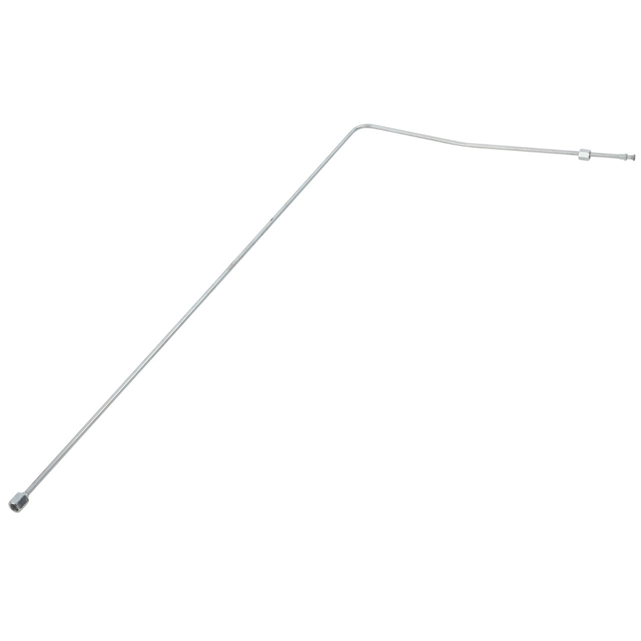 A long, slender metal rod with a slight bend near one end and threaded ends on both sides, identified as the AGCO Left Hand Brake Pipe - La322016850.