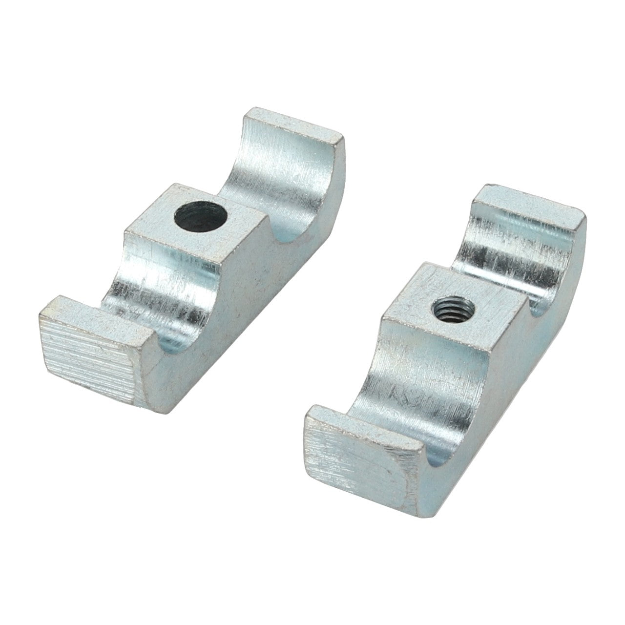 The AGCO Clamp - Acp0382510 features two sleek silver metal clamps with U-shaped grooves and precision-threaded holes.