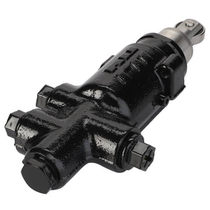 A robust black, metal AGCO Valve - Acw3067830 hydraulic power steering gear with visible bolts and fittings, expertly designed for automotive use.