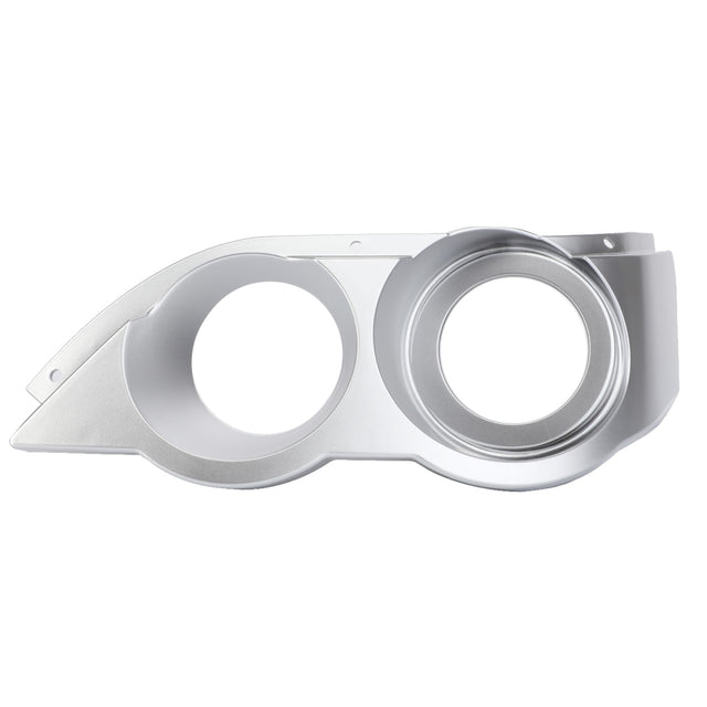 An AGCO left-hand trim (4351645M98) with a silver finish and two circular openings, designed for vehicle headlight assemblies, is displayed against a white background. This component may be compatible with certain Massey Ferguson models.