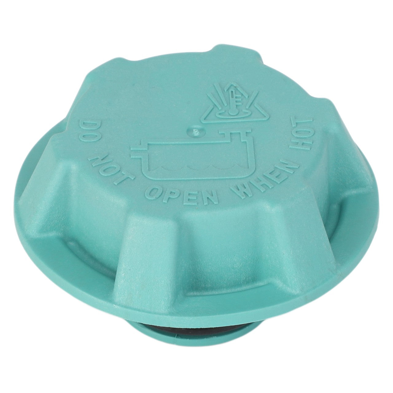 Close-up of the AGCO | Tank Cap - F530200050600, depicting its green color and featuring the warning "DO NOT OPEN WHEN HOT" alongside a symbol of a hand near steam on its surface.