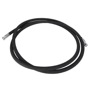 The AGCO HYDRAULIC HOSE - AL9031510 is a durable, coiled black rubber hose equipped with sturdy metal fittings on both ends.