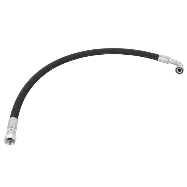 The AGCO | Pressure Hose - Acw2501120, a black, flexible hydraulic hose featuring metal fittings at both ends, is displayed against a plain white background.