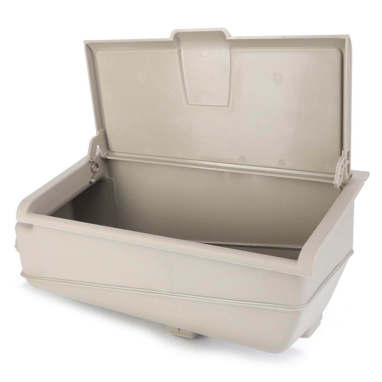 The AGCO | Cooling Box, Roof Coating - 4353773M91 features a beige rectangular design with an open hinged lid, reminiscent of the utility and design seen in Fendt's equipment. The interior is empty.