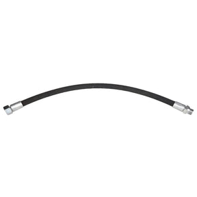 Introducing the AGCO | HOSE - AL9031566 from AGCO: A flexible black hose with metal fittings on both ends, slightly curved. No current product description information is available.