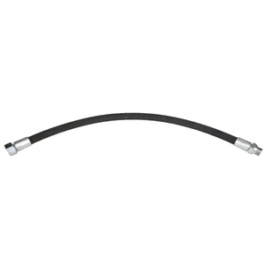 Introducing the AGCO | HOSE - AL9031566 from AGCO: A flexible black hose with metal fittings on both ends, slightly curved. No current product description information is available.