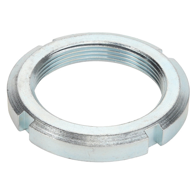 The AGCO Locknut - Acp0411060 is a silver metal threaded locknut featuring four evenly spaced indents around its outer edge. Further product description is not currently available.