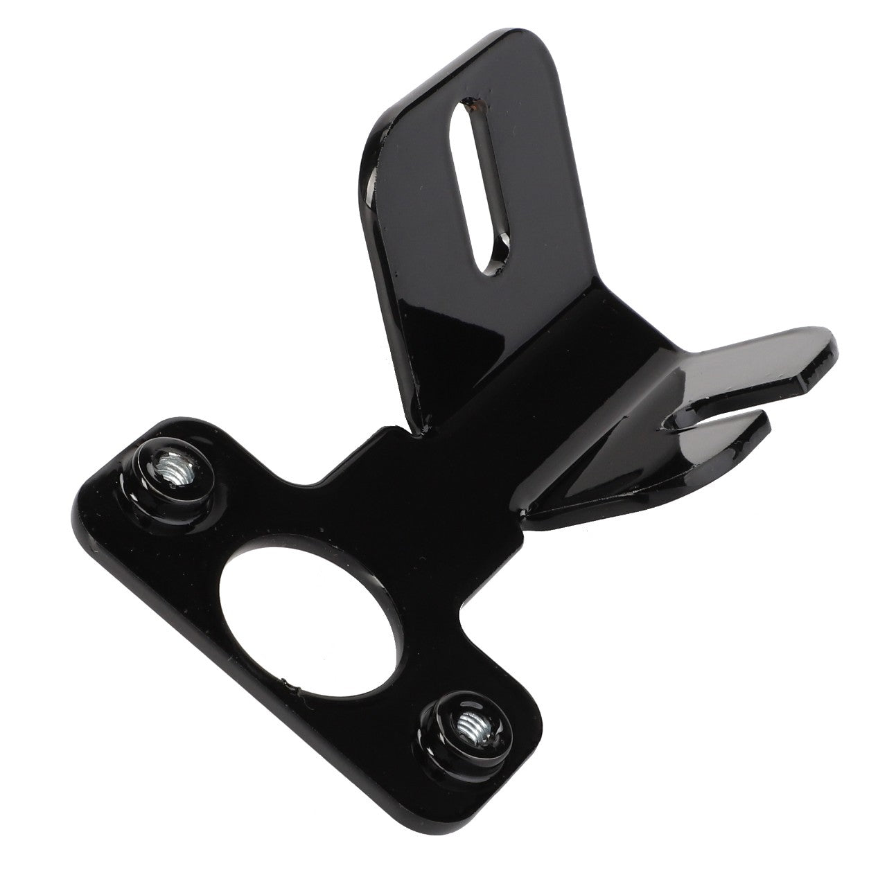 The AGCO | Support - Acw4170330 is a black metal bracket featuring two screw holes, a circular cutout, and an angled flange designed for versatile mounting options.