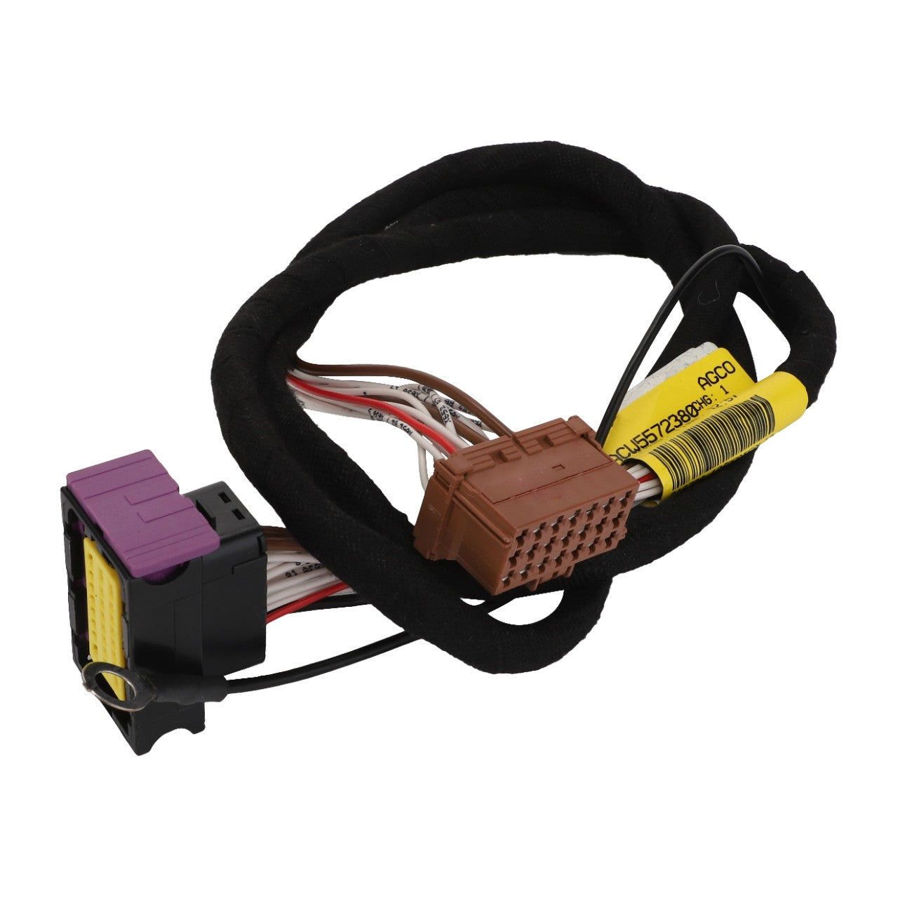 The AGCO |  Harness - Acw5572380, an advanced coiled wiring harness by AGCO, features multiple connectors, including a brown plug and a black plug with a purple tab. Current product description information is not available for this item.