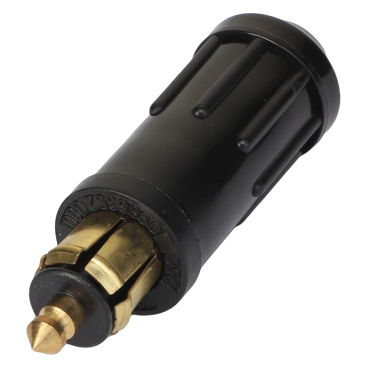 Introducing the AGCO Plug - 1101600: a sleek black and brass electrical connector plug featuring a cylindrical shape with grooved sides, perfect for your next project. For assistance with ordering or additional information, please contact our support team.