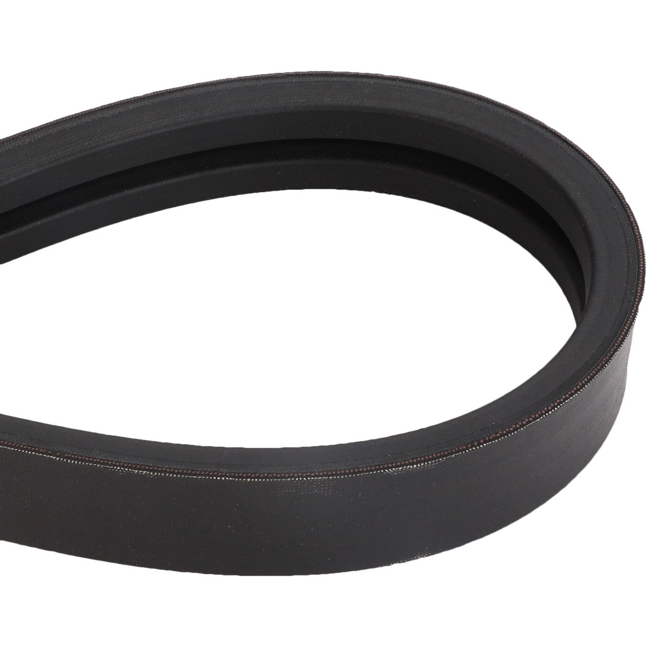 A black AGCO rubber v-belt, product name Belt - Acw0773870, is coiled in an oval shape, showcasing the durable rubber surface and precision-engineered internal grooves. No current product description information available.