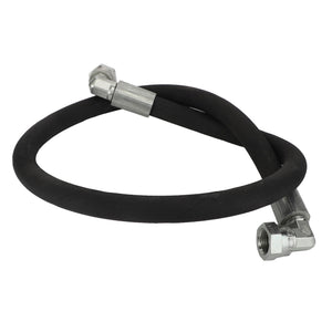 The AGCO Hydr. Hose - Acp0351970 is a black rubber hose with metal connectors on both ends, coiled in a single loop.