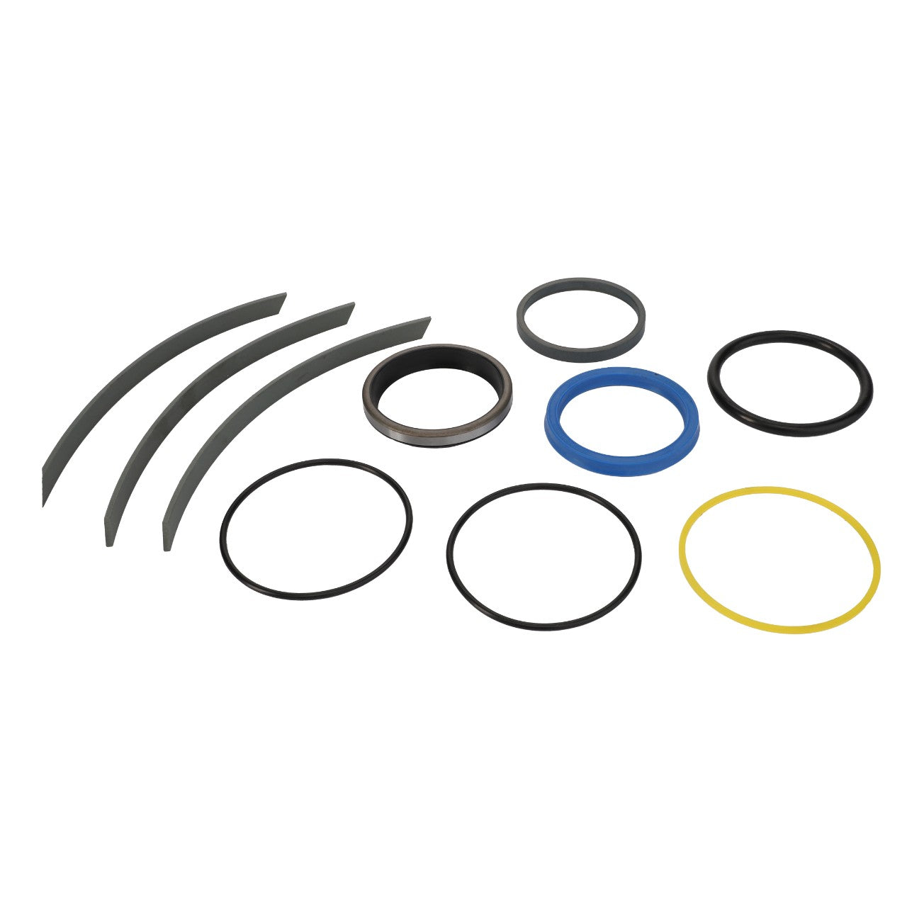 The AGCO SEALS KIT - D45110087 showcases a meticulously arranged collection of o-rings and gaskets in diverse shapes and colors, all presented on a pristine white background.