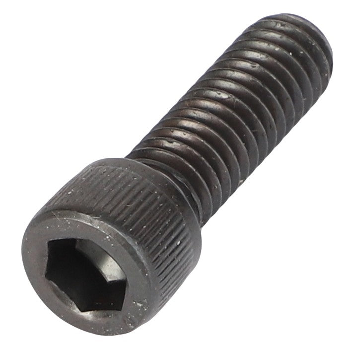 A detailed close-up image of the AGCO SOCKET HEAD BOLT - AG704424, a black, threaded hex socket cap screw by AGCO. No current product description information is available.