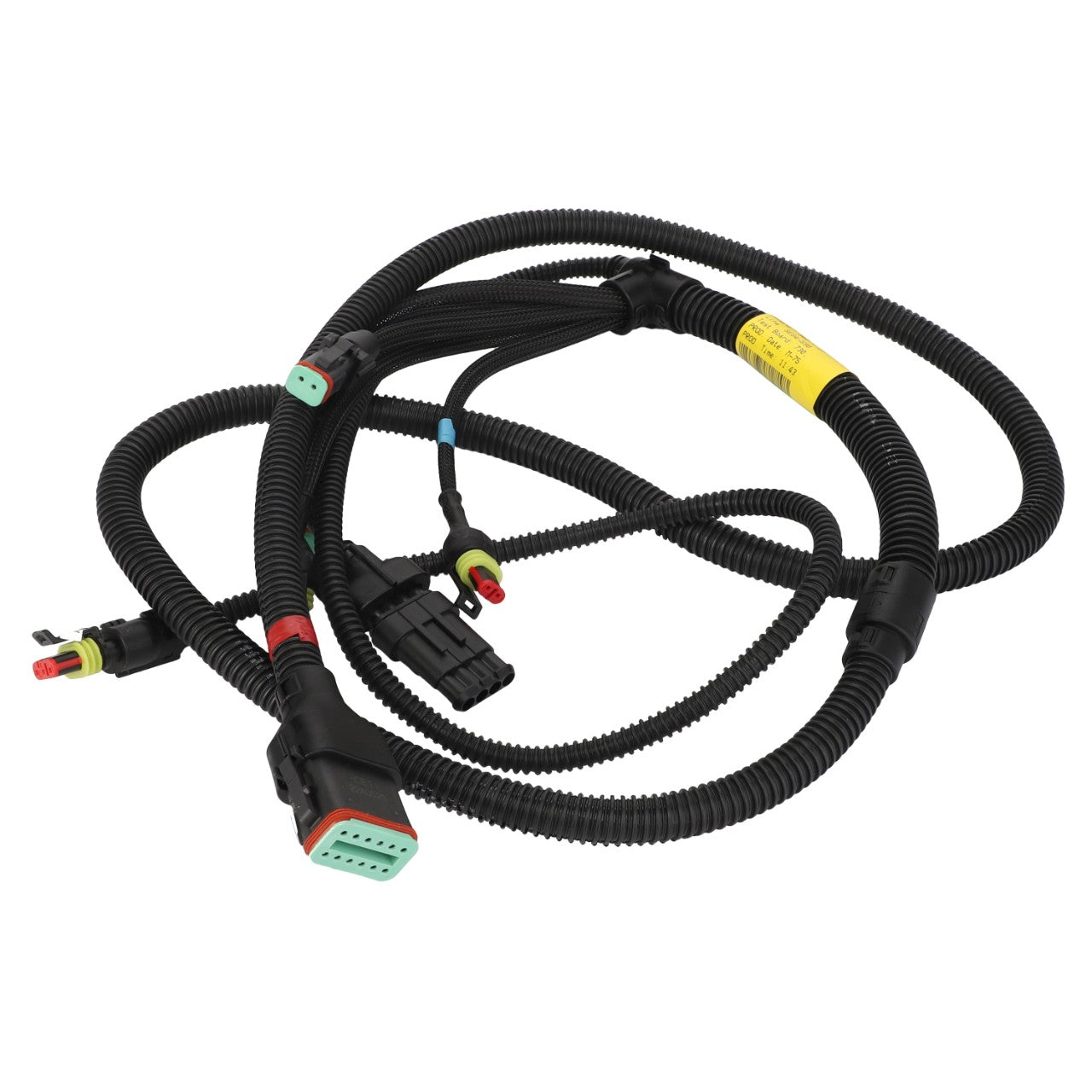 No current product description information is available for the AGCO | Harness - Acw0502300 coiled electrical wiring harness with various connectors and colored labels.