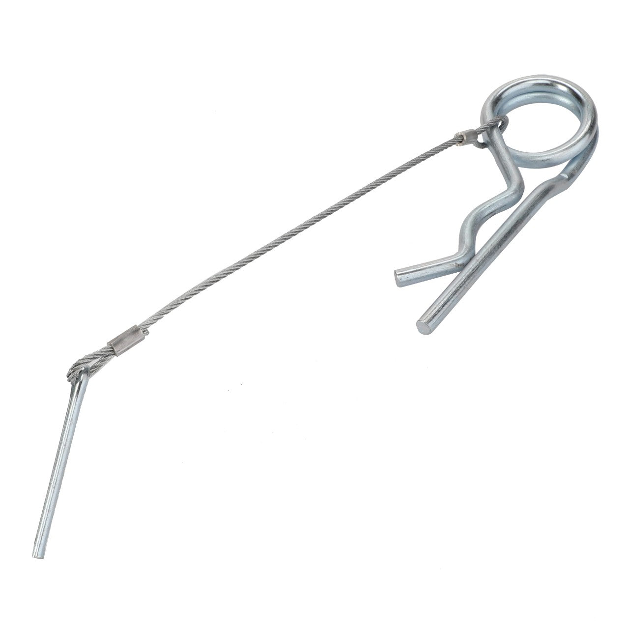 The AGCO Hair Pin Clip - Acw4958450, a metal quick-release pin with a looped end and an attached retaining wire, is designed for efficiently securing parts in machinery or equipment.