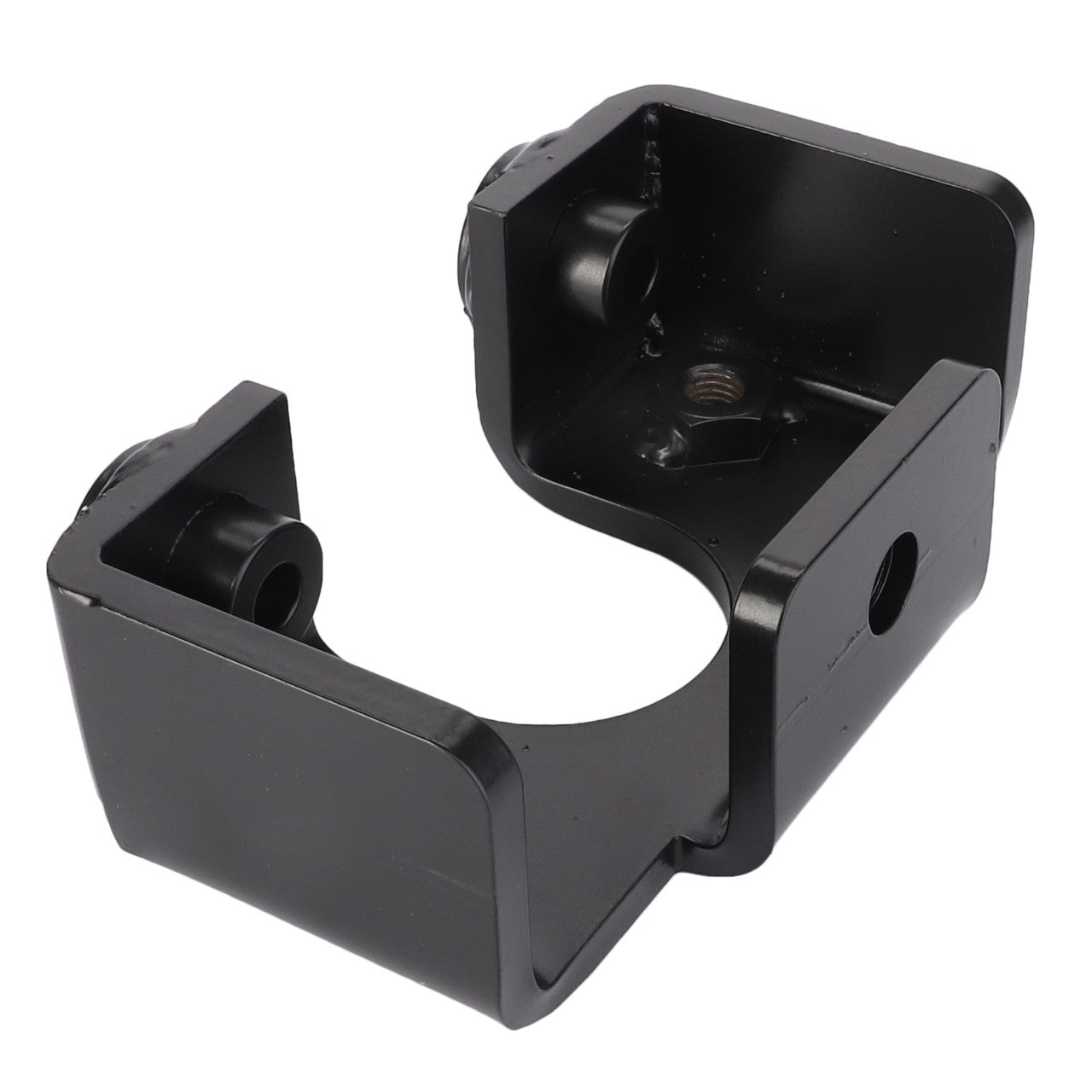 The AGCO Bearer - 3785110M2 is a black metal bracket featuring two screw holes, designed for mounting or securing objects, compatible with MF 6280.