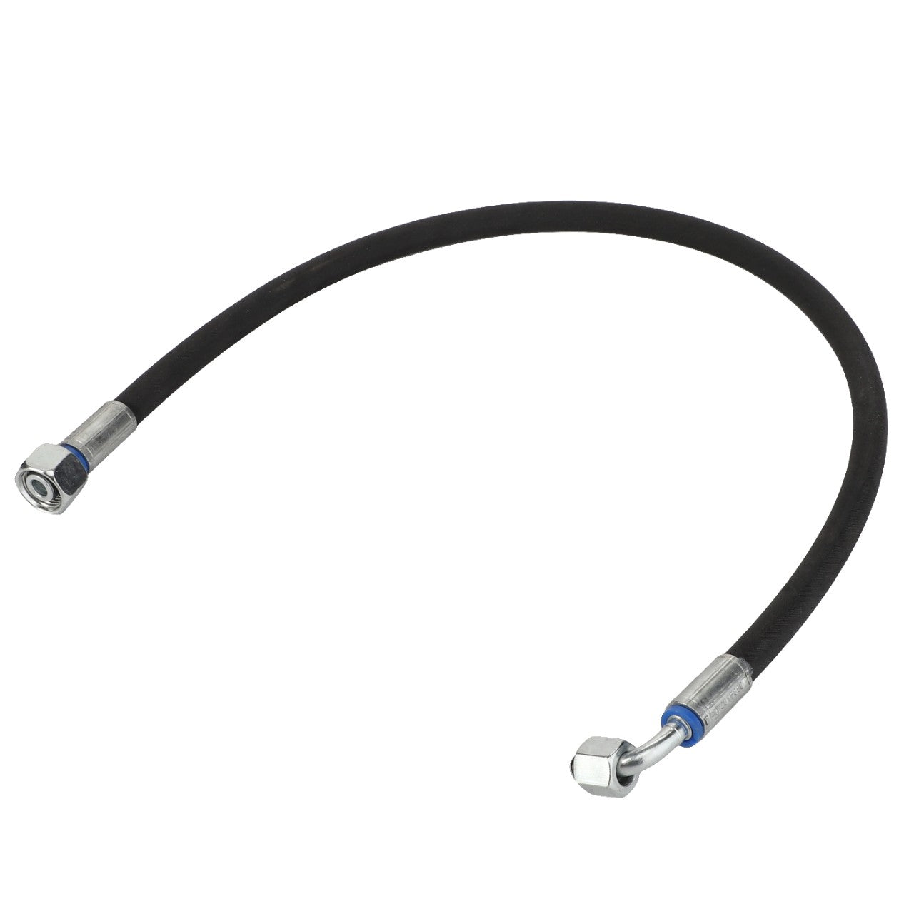 The AGCO Hydr. Hose - Acw2015380 features black rubber tubing with metal connectors on both ends, one straight and one angled, set against a white background.