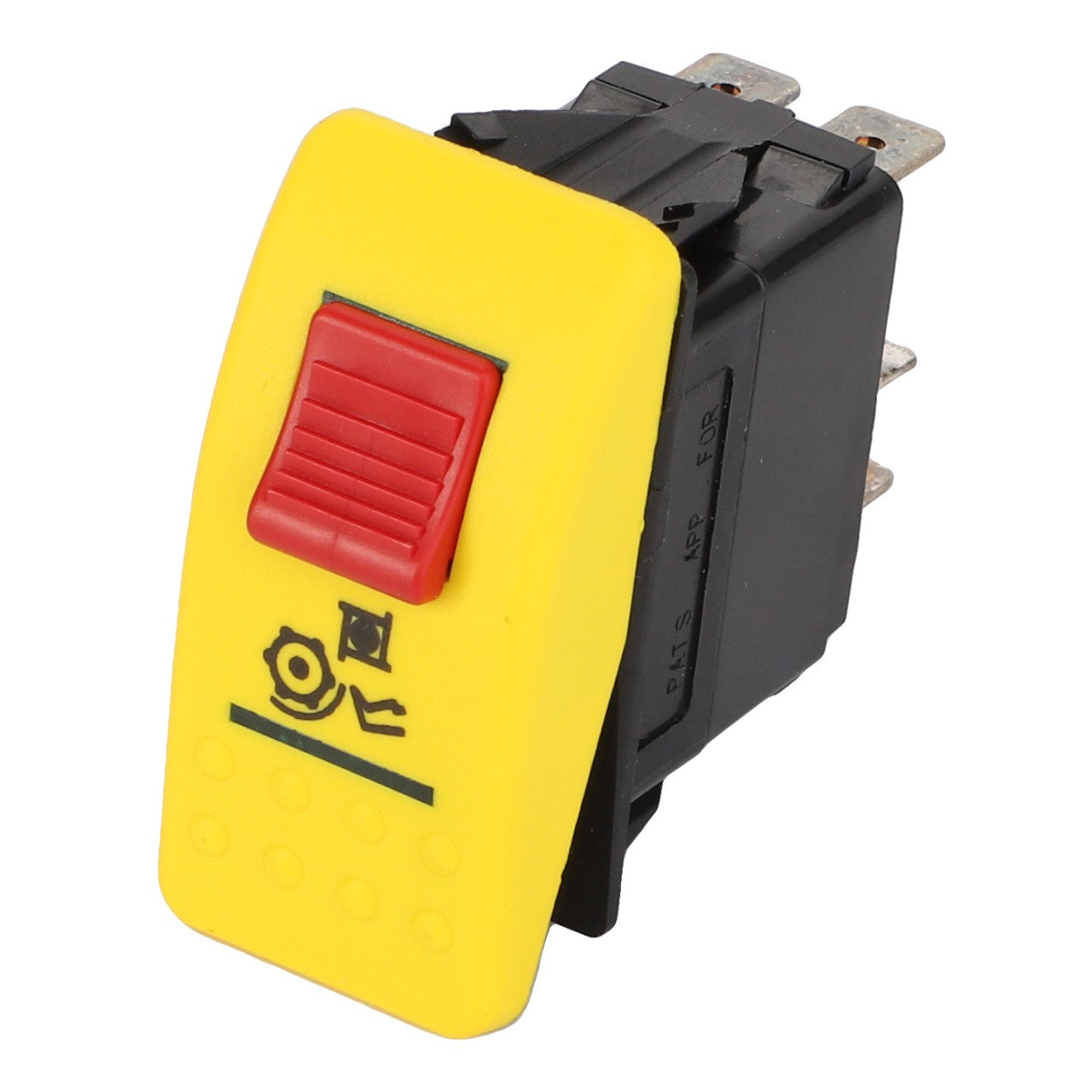 AGCO's SWITCH - D45000122 is a yellow and black rocker switch featuring a red button and a warning symbol of a hand near a rotating fan, designed for use in electronic or mechanical devices. No current product description information is available.