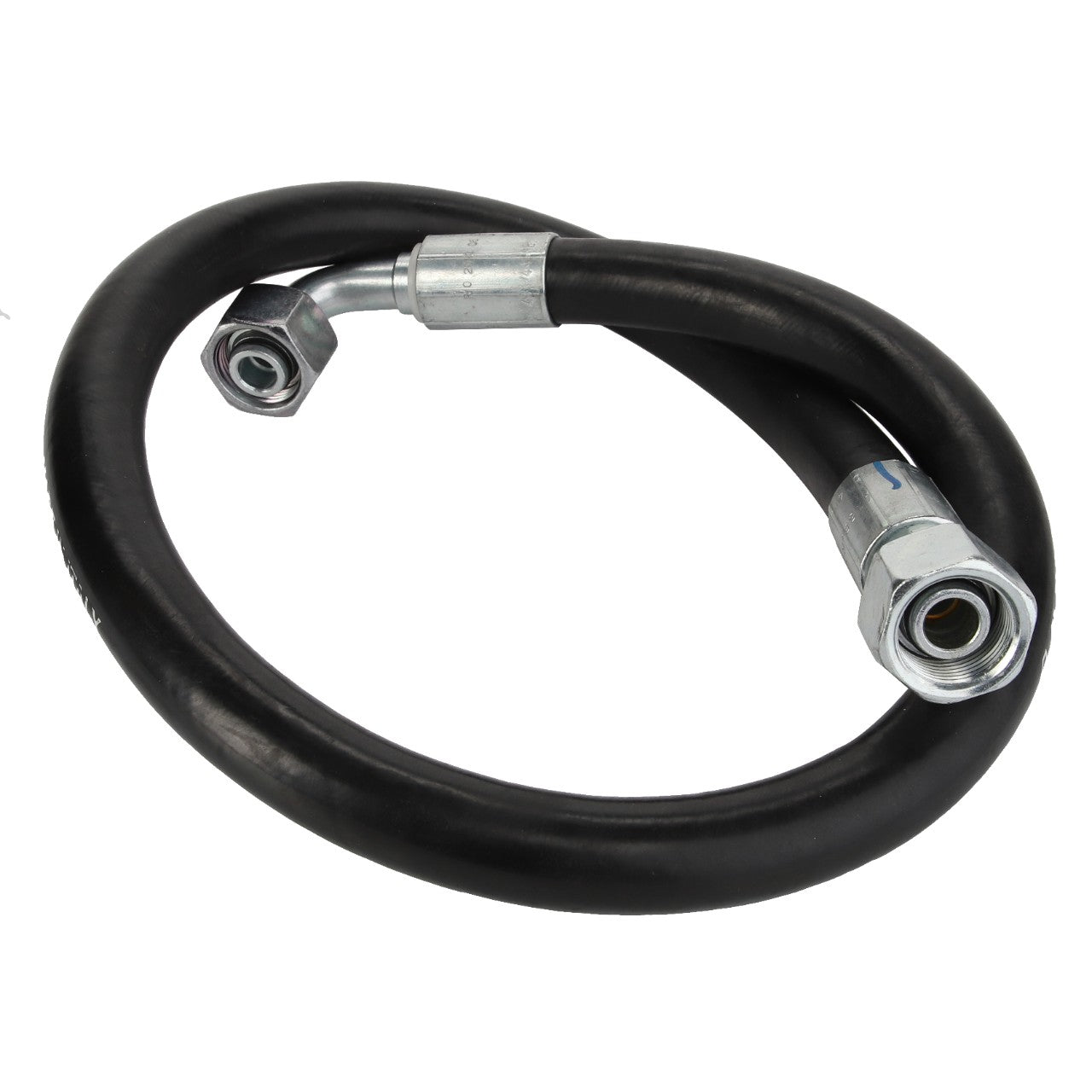 A product by AGCO featuring a black coiled hydraulic hose that has metal fittings on both ends—one straight and one angled—commonly recognized as a WARNING DECAL (Product No. ACP0544050). Additional specifications are currently unavailable.