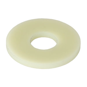 Product AGCO | WASHER - D49060086 is a flat, circular, off-white washer featuring a hole in the center; no current product description information is available.