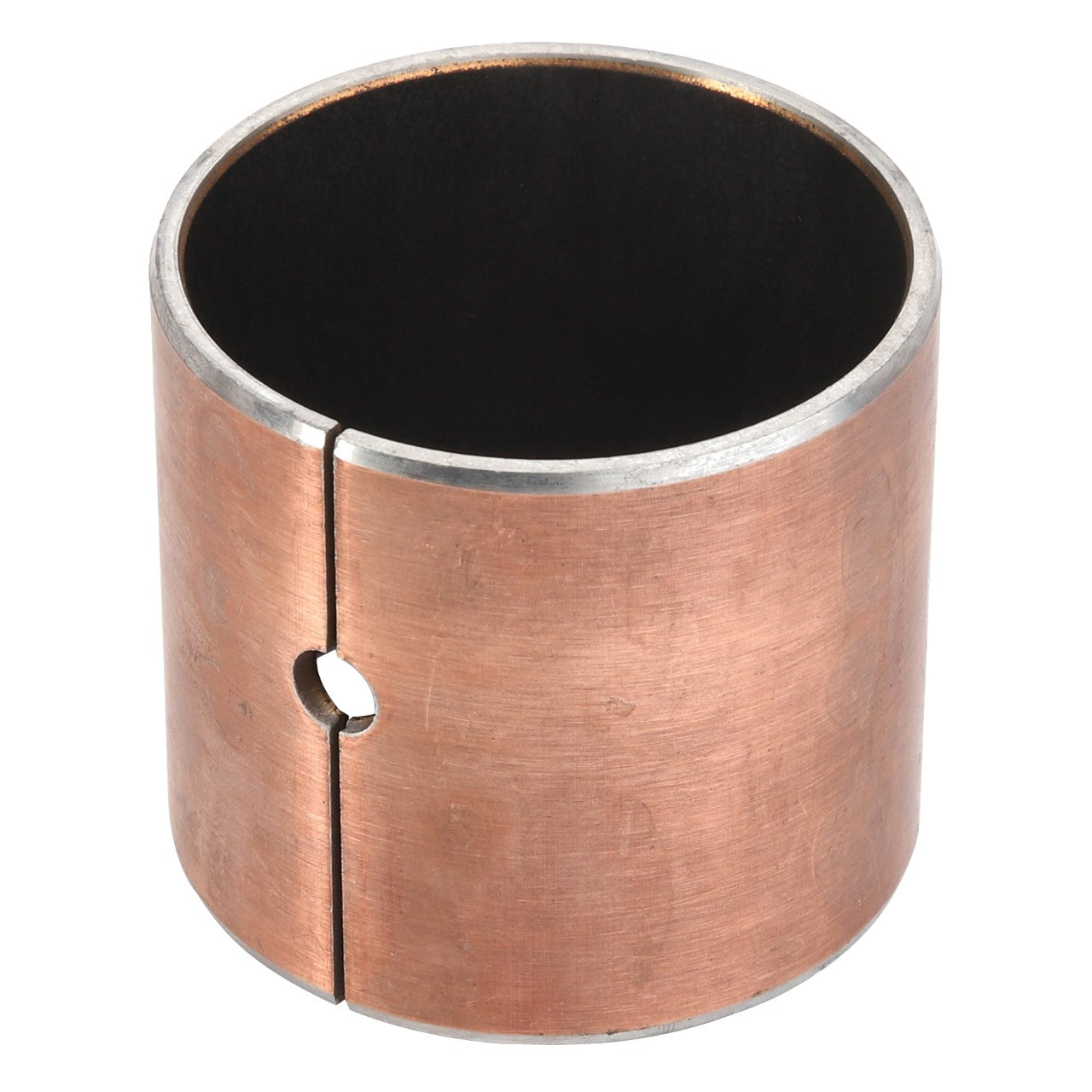 The AGCO Bush - Acp0287020 is a cylindrical metal bushing with a slit and a small circular hole on the side, featuring a copper-colored outer surface and a black inner surface.