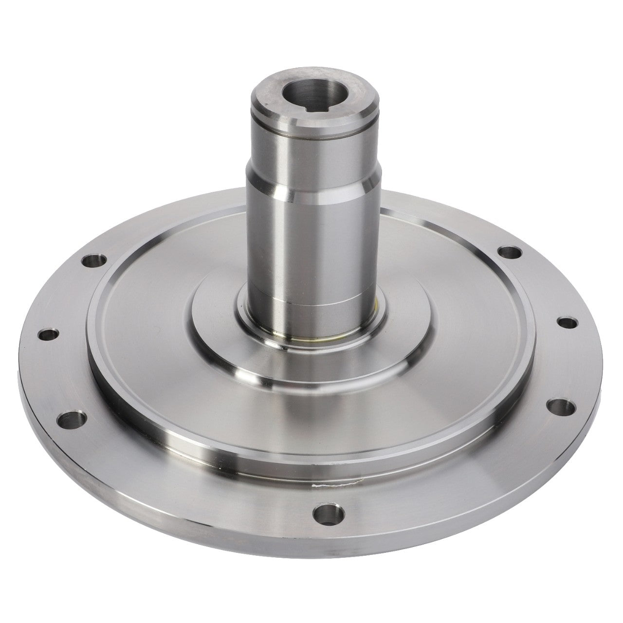 The AGCO Flange Hub - Fel140794 is a metallic mechanical component featuring a circular base and a cylindrical shaft extending from its center. The base has several evenly spaced holes around its perimeter. Currently, there is no additional product description available for this part.