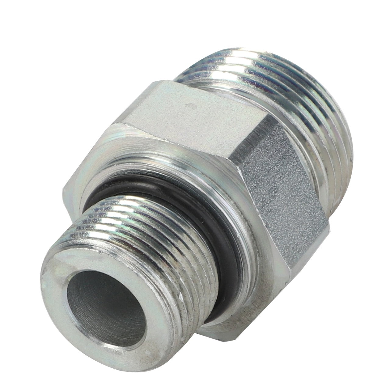 The AGCO | Connector Fitting - Acw3739630, made by AGCO, is a durable metal pipe fitting featuring a hexagonal central section and threaded ends for secure connections and versatility.