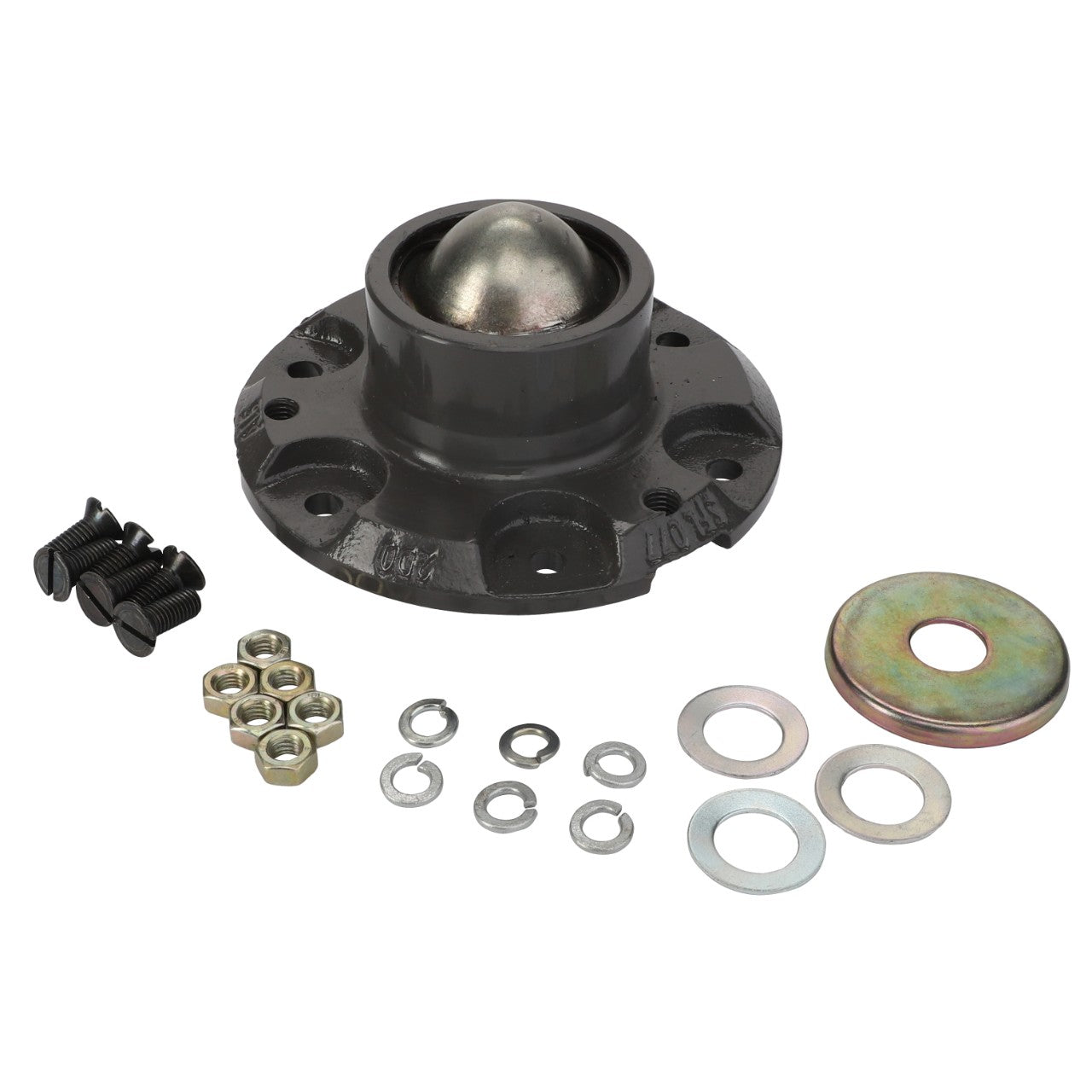 An AGCO Disc Hub Mount (Model: Acw4996240), featuring various components such as bolts, nuts, washers, and a central spherical joint, meticulously arranged on a pristine white background.