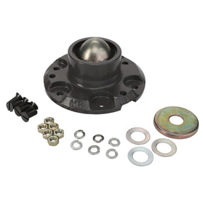 An AGCO Disc Hub Mount (Model: Acw4996240), featuring various components such as bolts, nuts, washers, and a central spherical joint, meticulously arranged on a pristine white background.