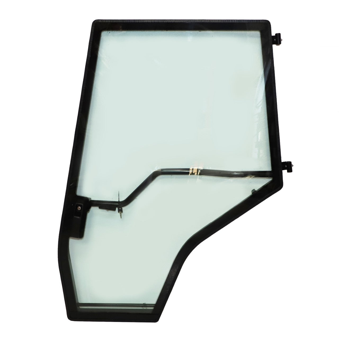 Image of the AGCO | Left Hand Gate - Acp0348540, a large, irregularly shaped glass pane with a black frame and a metal wiper arm attached. This product, made by AGCO, appears to be designed for use as part of a vehicle or machinery.