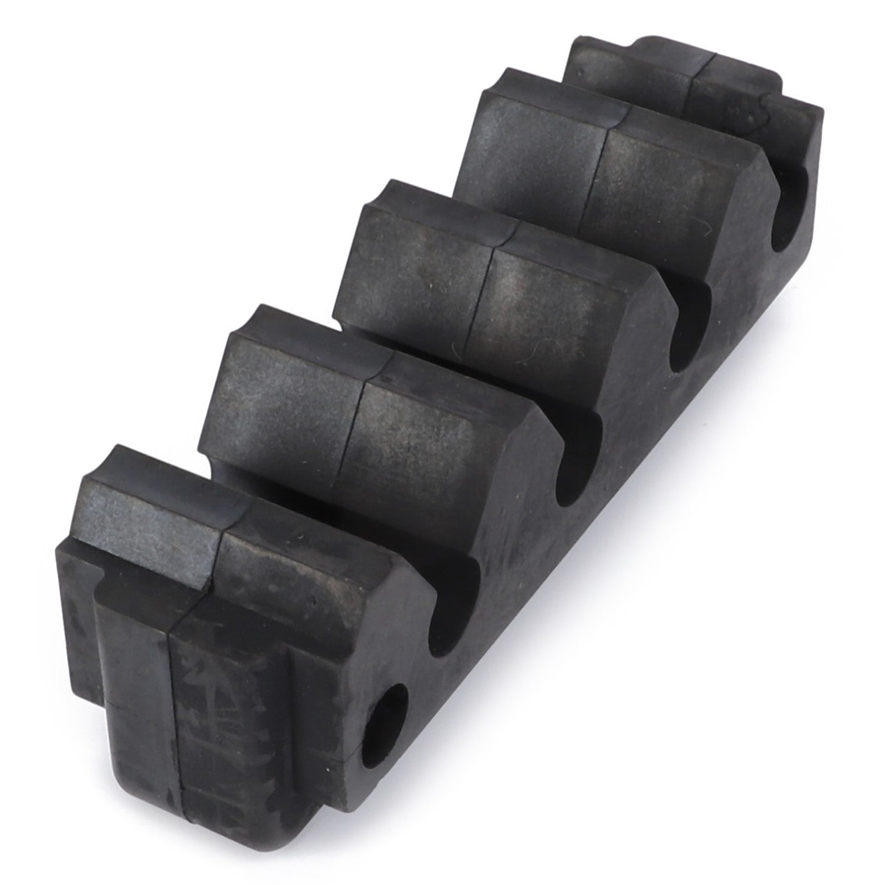 A black, ribbed rectangular object with four evenly spaced grooves, likely a mechanical component compatible with Massey Ferguson models such as the MF Dyna-6 or MF XTRA, known as the AGCO Half Clamp - 4270508M4.