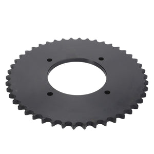 An image of a black circular gear with a toothed outer edge and four holes near the center, designed as the AGCO Cutting Header Auger Sprocket (D28283182), engineered by AGCO for optimal performance.