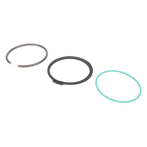 Three circular rings of different types from the AGCO | PARTS KIT - F931860030070: a silver circlip, a black snap ring, and a green O-ring, are neatly arranged side-by-side on a white background.