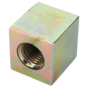 The AGCO | NUT - TM45122 is a metallic cube featuring a threaded hole on one side, designed as a component for assembly or mechanical use. Currently, no additional product description information is available.