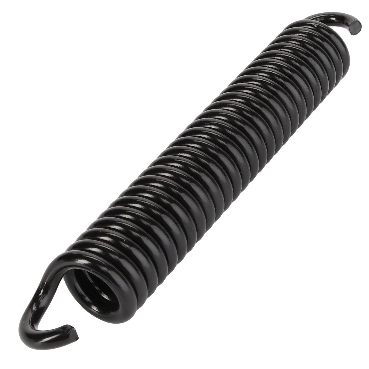 Close-up of the AGCO black metal coil spring (0.010.2239.2) with hook ends, positioned horizontally. For more details about this product, please contact our support team for assistance with ordering.