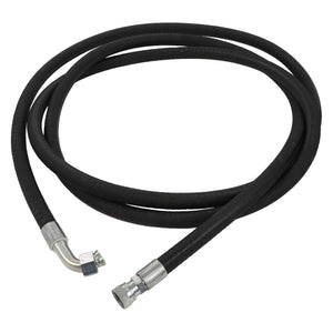 The AGCO | Hydraulic Hose - Acw1742720 is a coiled black hydraulic hose, abrasion-resistant and designed to withstand extreme temperatures, featuring metal fittings at both ends.