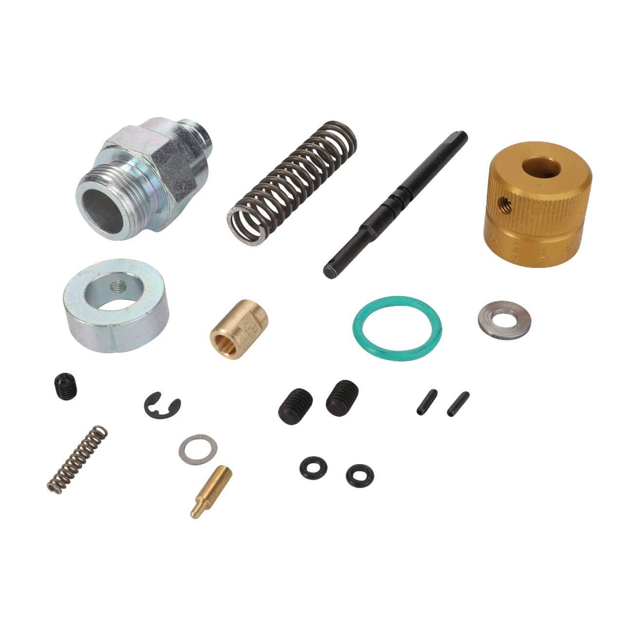 A collection of various small mechanical components, including springs, screws, washers, a metal fitting, and other fasteners arranged on a plain white surface. Product: AGCO | Regulator - Acp0225460 by AGCO.