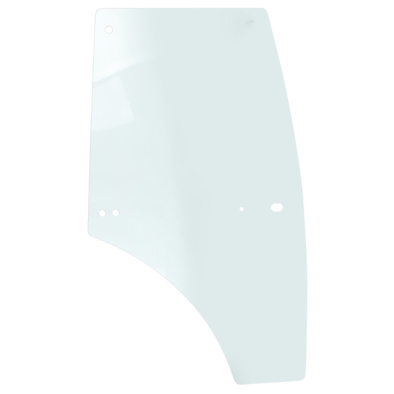 The AGCO | Glass, Right - Va431585 is a clear, rectangular glass panel with rounded edges and three small holes near the corners for easy installation and maintenance. Perfect for machinery glass protection and ensuring durability, this genuine AGCO Parts glass product is designed to meet your needs.