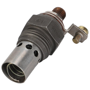 A close-up of the AGCO THERMOSTAT - AK1854010, featuring a cylindrical metal shape, perforated holes, threaded sections, and attached bolts. No current product description information is available.