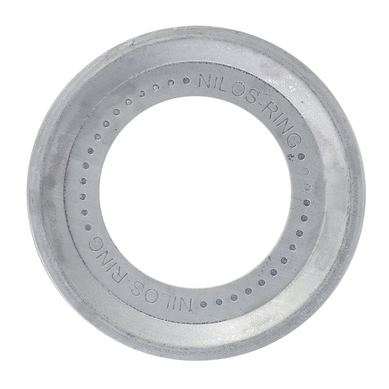 A round, metallic AGCO | Nilos Ring - 9-1107-0014-5 with small perforations along its inner edge is pictured against a white background, reminiscent of the precision engineering found in Massey Ferguson equipment.