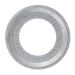 A round, metallic AGCO | Nilos Ring - 9-1107-0014-5 with small perforations along its inner edge is pictured against a white background, reminiscent of the precision engineering found in Massey Ferguson equipment.