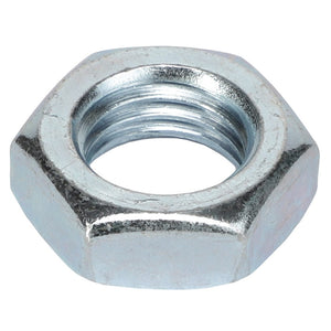 A close-up of the AGCO HEX NUT - AG125704, showcasing its internal threading and hexagonal metal design.