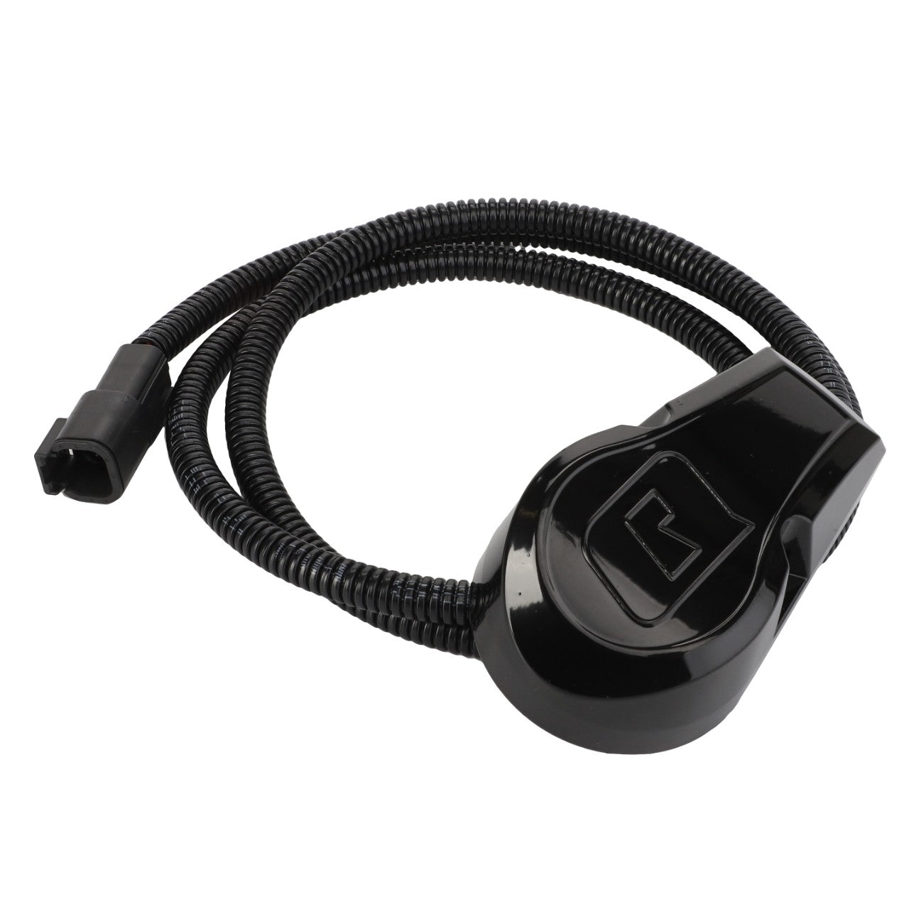 The AGCO | ANGLE - AL60009466 is a black electronic component featuring a long, flexible cable that terminates in a rectangular connector. Its main body boasts a sleek design with geometric shaping, offering both functionality and aesthetic appeal.