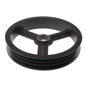 The AGCO Pulley - Acx0070190 is a meticulously designed black metal wheel featuring a central hole and three spokes, ideal for use in mechanical systems.