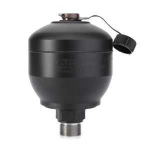 A black, cylindrical hydraulic accumulator with a metal body and a threaded mounting base is shown. The top features a pressure release valve with a cap attached by a strap. Designed as an AGCO Parts Genuine component, the AGCO | Diaphragm Accumulator, 0.75 L - F725960020060 is ideal for Fendt Vario systems.