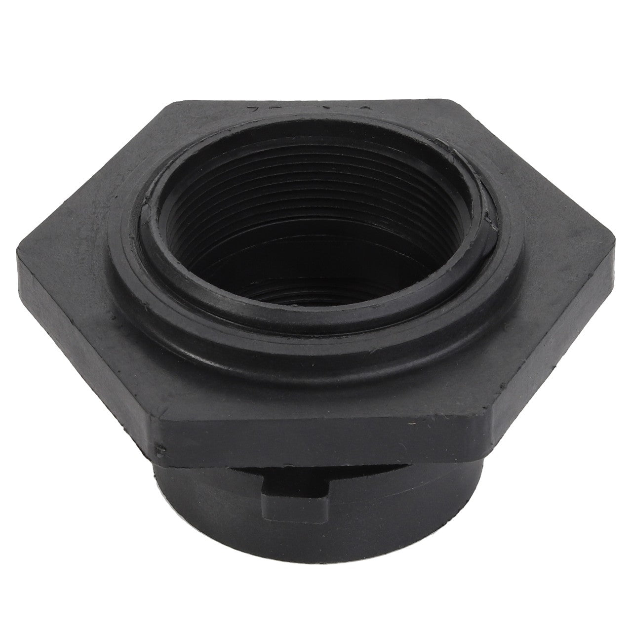 AGCO | TANK - AG515291 is a black hexagonal pipe fitting from the AGCO brand, featuring internal threading and a circular opening at the bottom.